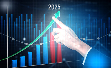  financial growth businessman hand pointing to an upward arrow with rising bar charts and data lines symbolizing success progress forecasting planning investment strategy and future 