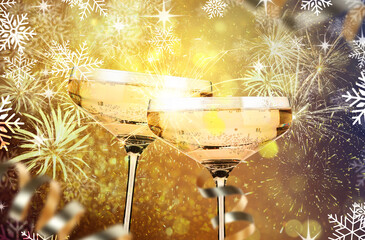 Happy New Year and Merry Christmas greeting card. Glasses of sparkling wine clinking on festive...