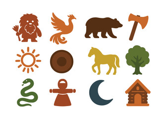 Set of stylized animal and nature icons: lion, phoenix, bear, axe, sun, and more