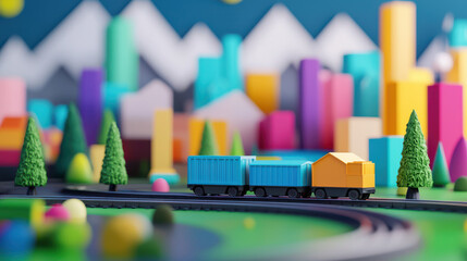 Colorful illustration of toy train moving through vibrant cityscape filled with geometric buildings and trees, evoking playful atmosphere