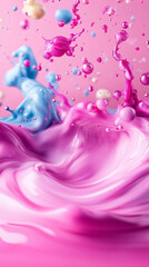 Fototapeta premium Minimal artistic background with pink, green, blue, gold, purple, and white colors flowing and dripping across the canvas, creating a vibrant explosion of paint with bubbles forming throughout