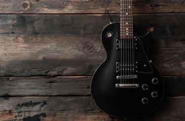 Fototapeta premium A black electric guitar leans against a weathered wooden background, showcasing detailed grain and texture