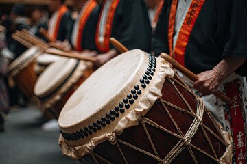 Fototapeta premium Performers rhythmically beat traditional drums, showcasing cultural celebration through vibrant music