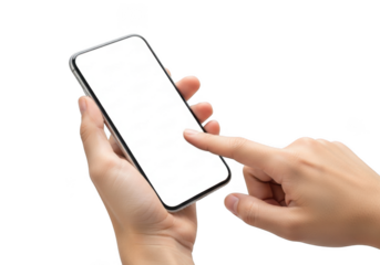 Hand holding mobile phone, finger touching screen, smartphone mockup, app interface, technology concept isolated on transparent background