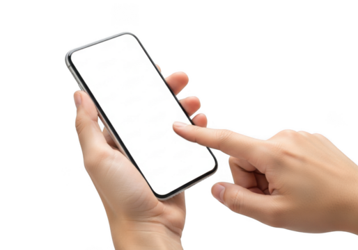 Hand holding mobile phone, finger touching screen, smartphone mockup, app interface, technology concept isolated on transparent background