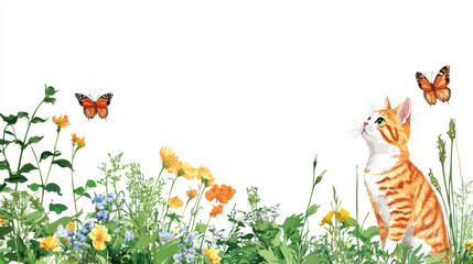 Obraz premium Vibrant illustration featuring ginger cat surrounded by colorful flowers and butterflies, evoking sense of nature and tranquility