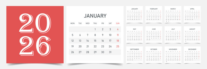 Calendar 2026 year icon in flat style. Planner vector illustration on isolated background. Calender sign business concept.