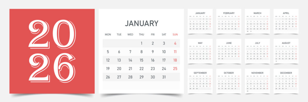 Calendar 2026 year icon in flat style. Planner vector illustration on isolated background. Calender sign business concept.