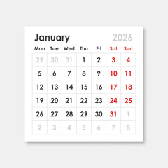 Calendar january 2026 icon in flat style. Planner sticker vector illustration on isolated background. Calender sign business concept.