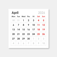 Calendar april 2026 icon in flat style. Planner sticker vector illustration on isolated background. Calender sign business concept.