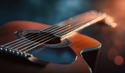 Fototapeta premium Close-up view of acoustic guitar with warm light bokeh background