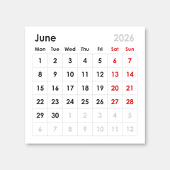 Calendar june 2026 icon in flat style. Planner sticker vector illustration on isolated background. Calender sign business concept.