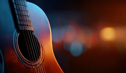 Obraz premium Close-up shot showcasing a wooden acoustic guitar with a blurred background of warm light bokeh