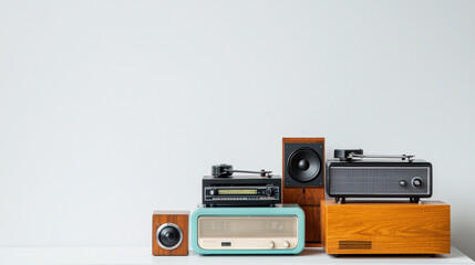 Fototapeta premium Collection of vintage audio equipment including turntables, speakers, and radios arranged neatly on shelf, showcasing retro design and style