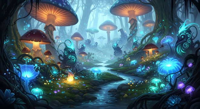 fantasy atmosphere with glowing mushrooms