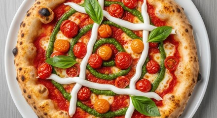 Delicious gourmet pizza with pesto, tomato sauce and fresh basil isolated PNG with Transparent Background