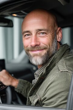 Happy man behind the wheel, smiling warmly, in a casual green jacket while driving a car