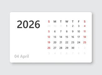 April 2026 calendar in flat style. Planner sticker vector illustration on isolated background. Calender sign business concept.
