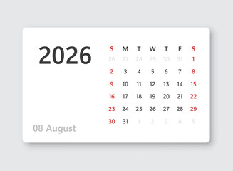 August 2026 calendar in flat style. Planner sticker vector illustration on isolated background. Calender sign business concept.
