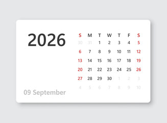 September 2026 calendar in flat style. Planner sticker vector illustration on isolated background. Calender sign business concept.