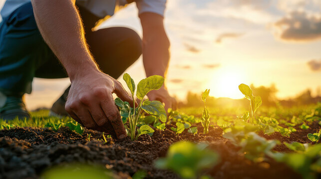 Gardener planting seedlings in rich soil during sunset, showcasing dedication and connection to nature