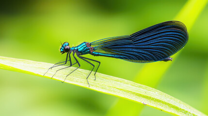 Macro photo of vibrant blue dragonfly perched green leaf, showcasing intricate wing patterns and details. image captures beauty of nature