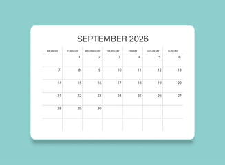 September 2026 calendar in flat style. Planner sticker vector illustration on isolated background. Calender sign business concept.