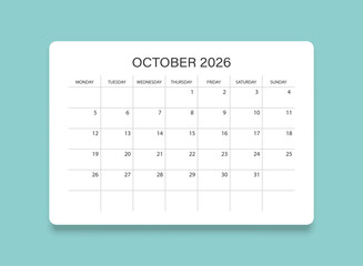 October 2026 calendar in flat style. Planner sticker vector illustration on isolated background. Calender sign business concept.
