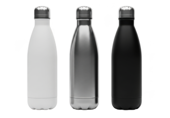 Three stainless steel water bottles in white, silver, and black mockup, reusable bottle, eco friendly, hydration, isolated on transparent background