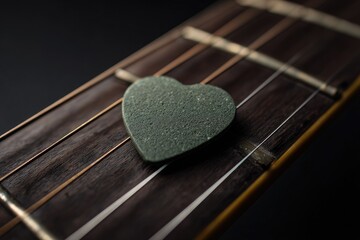 Close-up of guitar fretboard with heart-shaped pick resting on strings, dark background