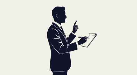 Silhouette of a businessman taking notes and making a point.