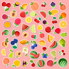 Natural tropical fruits icon set collection in flat sticker style. Tropical plant vector illustration on isolated background. Healthy food sign business concept.