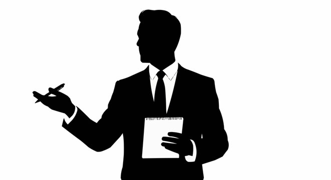 Silhouette of a businessman presenting with a notepad and pen.
