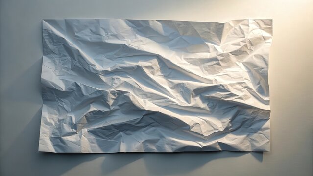 A crumpled sheet of white paper with bright light emphasizing its many folds and textures