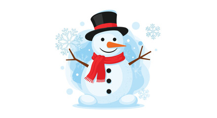 A cute snowman with a hat and scarf stands in the snow with snowflakes falling around.