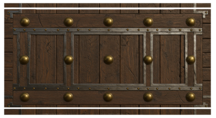 Vintage Wooden Door: An exquisitely crafted wooden door, adorned with ornate metal detailing and rustic studs, stands as a symbol of both protection and welcome. A blend of history and artistry.