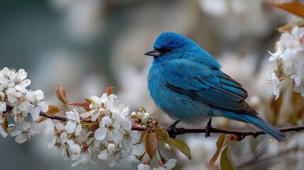 Azure Bird Resting on Delicate White Spring Blossoms