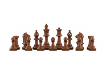 Detailed wooden chess pieces collection, game strategy elements, tournament set, royalty, pawns, isolated on transparent background