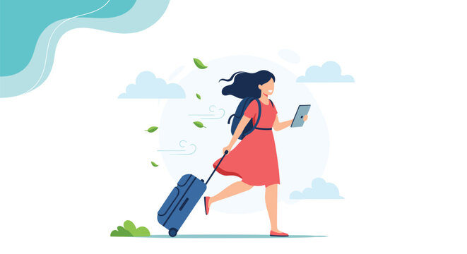 Young woman with a backpack and suitcase is running and looking at her tablet planning her next adventure.