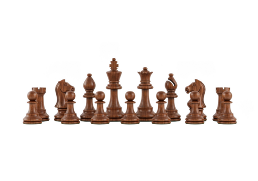 Detailed wooden chess pieces collection, game strategy elements, tournament set, royalty, pawns, isolated on transparent background