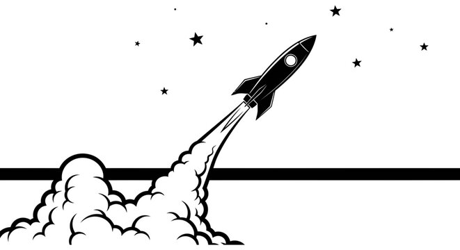 Black and white rocket launching with stars and smoke illustration