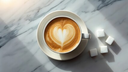 A cup of cappuccino with beautiful heart shaped foam sitting on a clean marble table