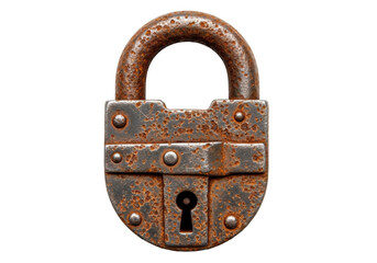 Detailed close-up of a vintage rusty padlock, old metal lock with keyhole, security concept, antique style, isolated on transparent background
