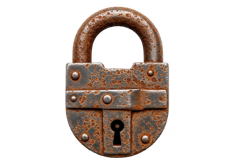 Detailed close-up of a vintage rusty padlock, old metal lock with keyhole, security concept, antique style, isolated on transparent background