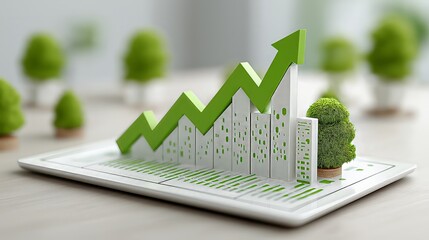 Green arrow chart showing economic growth, sustainable business strategy, eco friendly investment, and environmental progress with buildings and trees