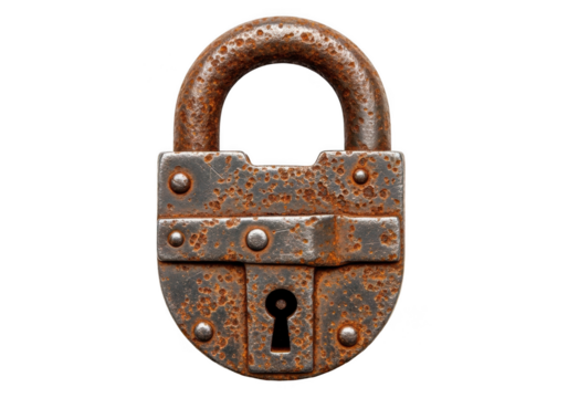 Detailed close-up of a vintage rusty padlock, old metal lock with keyhole, security concept, antique style, isolated on transparent background