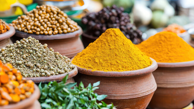 Vibrant display of spices in clay pots showcases variety of colors and textures, creating inviting atmosphere for culinary enthusiasts