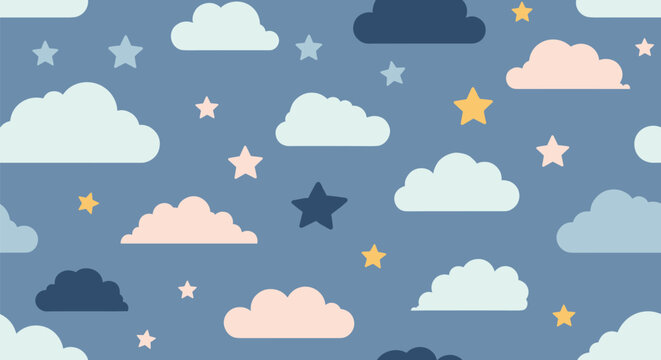 Soft pastel clouds and stars gentle seamless pattern for nursery and sleep.