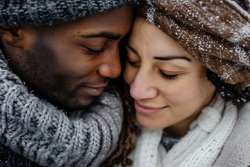 Loving multiracial couple finding warmth in snow