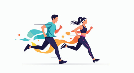 A man and woman running side by side during a fitness activity outdoors.